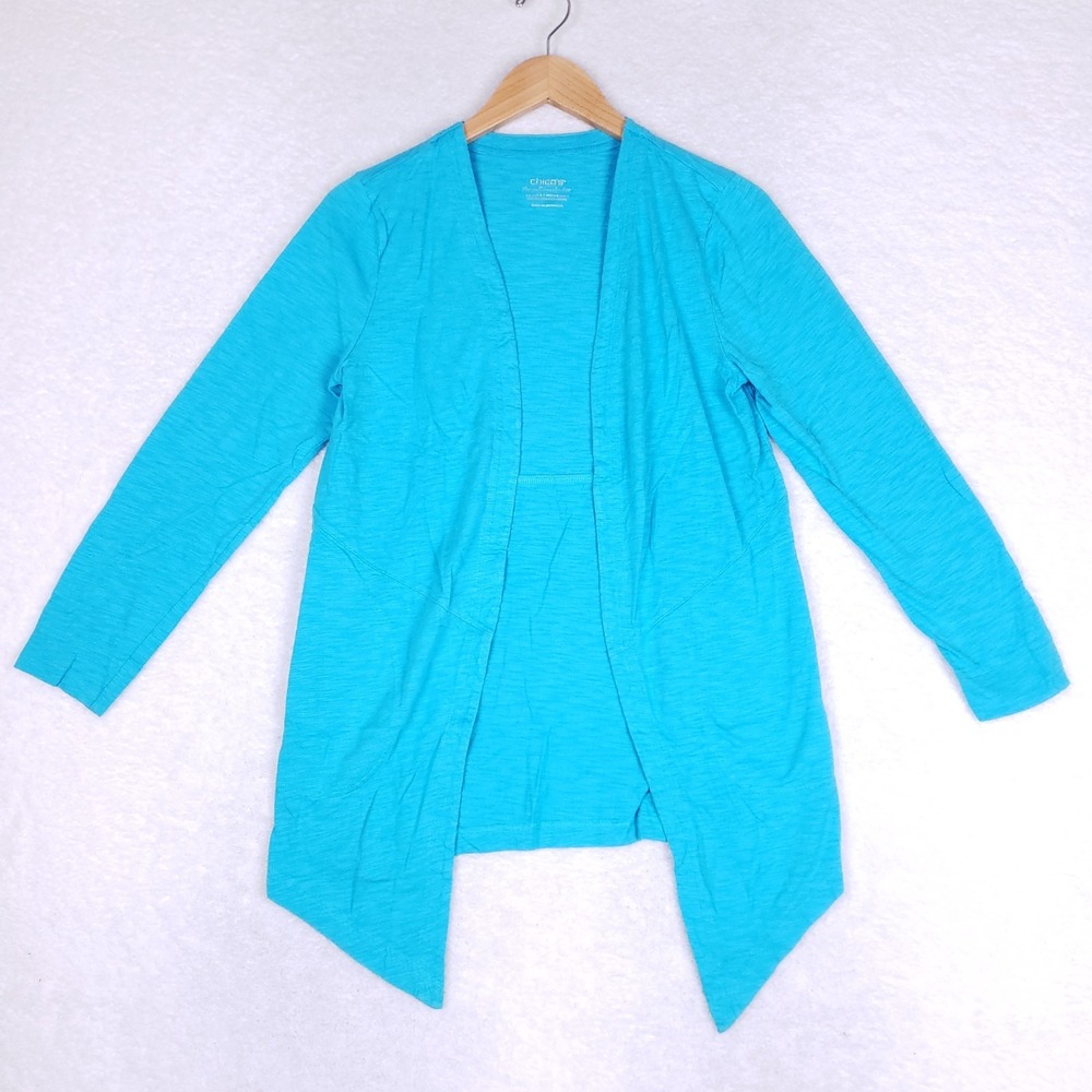 Chico's‎ Open Front Cardigan Small Blue Long Sleeve Asymmetrical Hem Layering